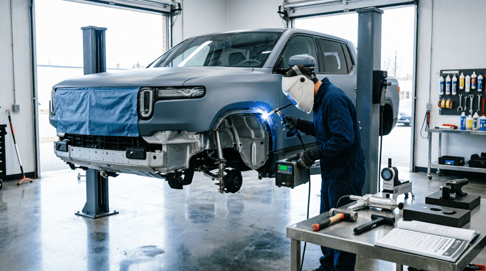 Rivian body repair aluminum panel work in progress at Dentco Orange County