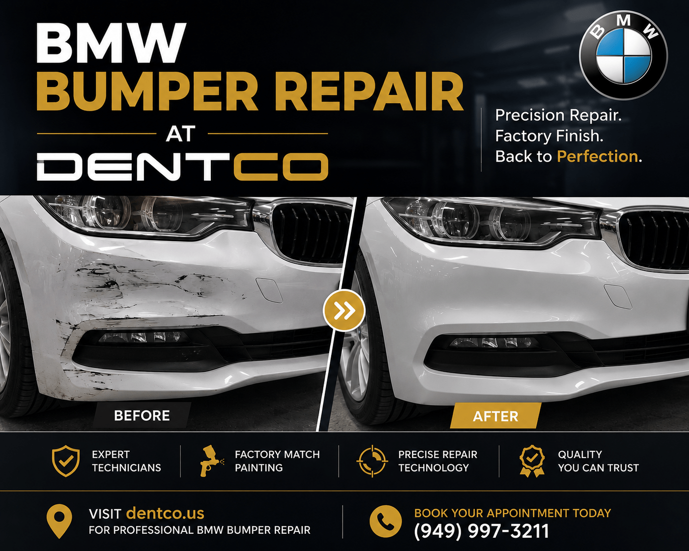 Before and after bumper repair at DentCo Auto Body
