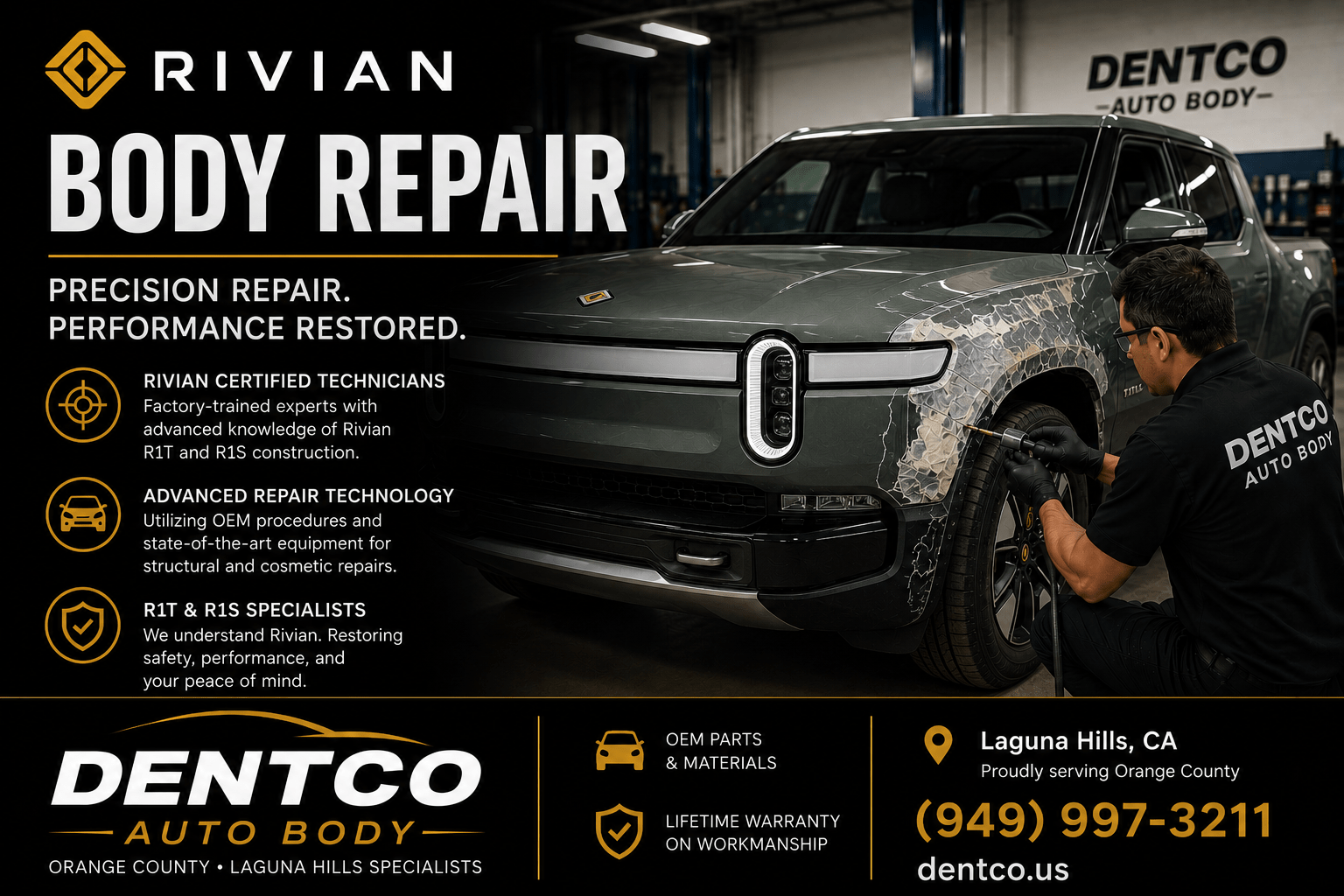 Rivian body repair at Dentco Auto Body Orange County R1T R1S specialists