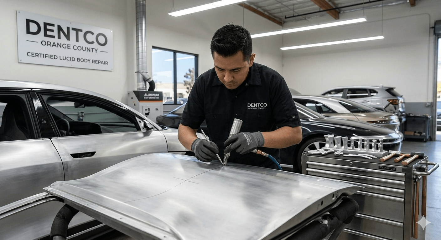 Lucid body repair aluminum panel precision work at Dentco Orange County auto body shop