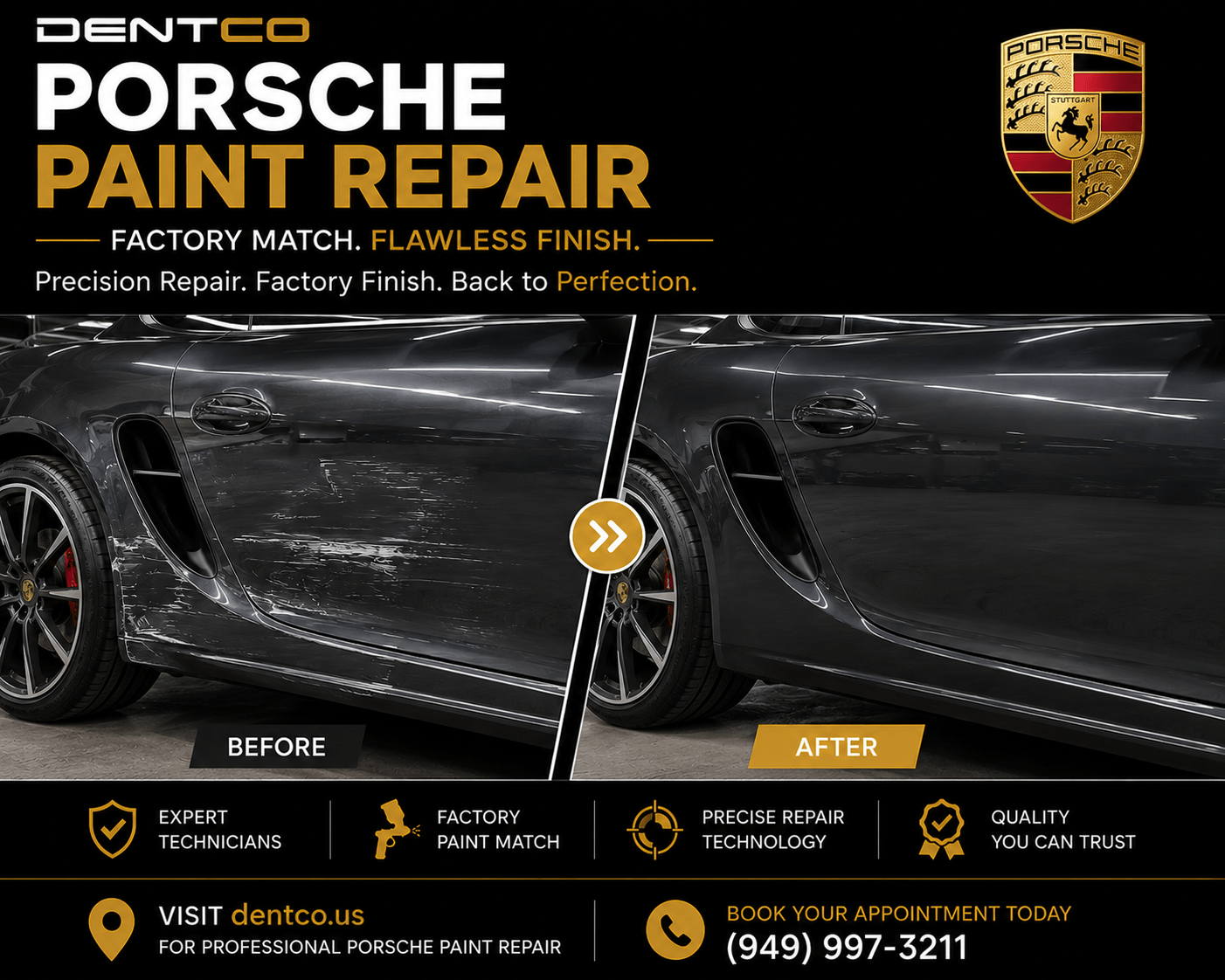 Porsche Body Repair Irvine precision paint matching and body repair at Dentco Laguna Hills Orange County