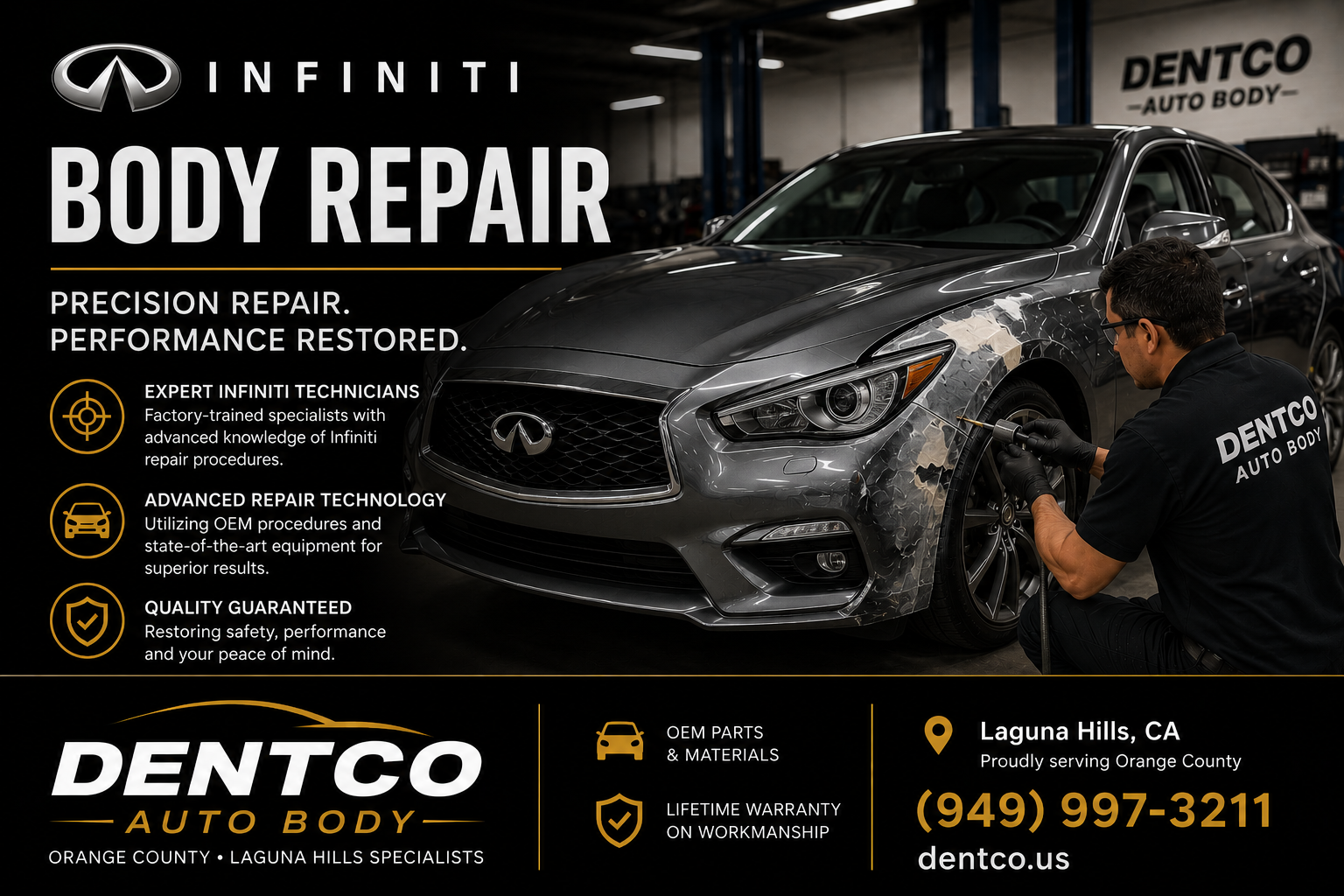 Infiniti body repair at Dentco Auto Body Orange County QX80 QX60 specialists