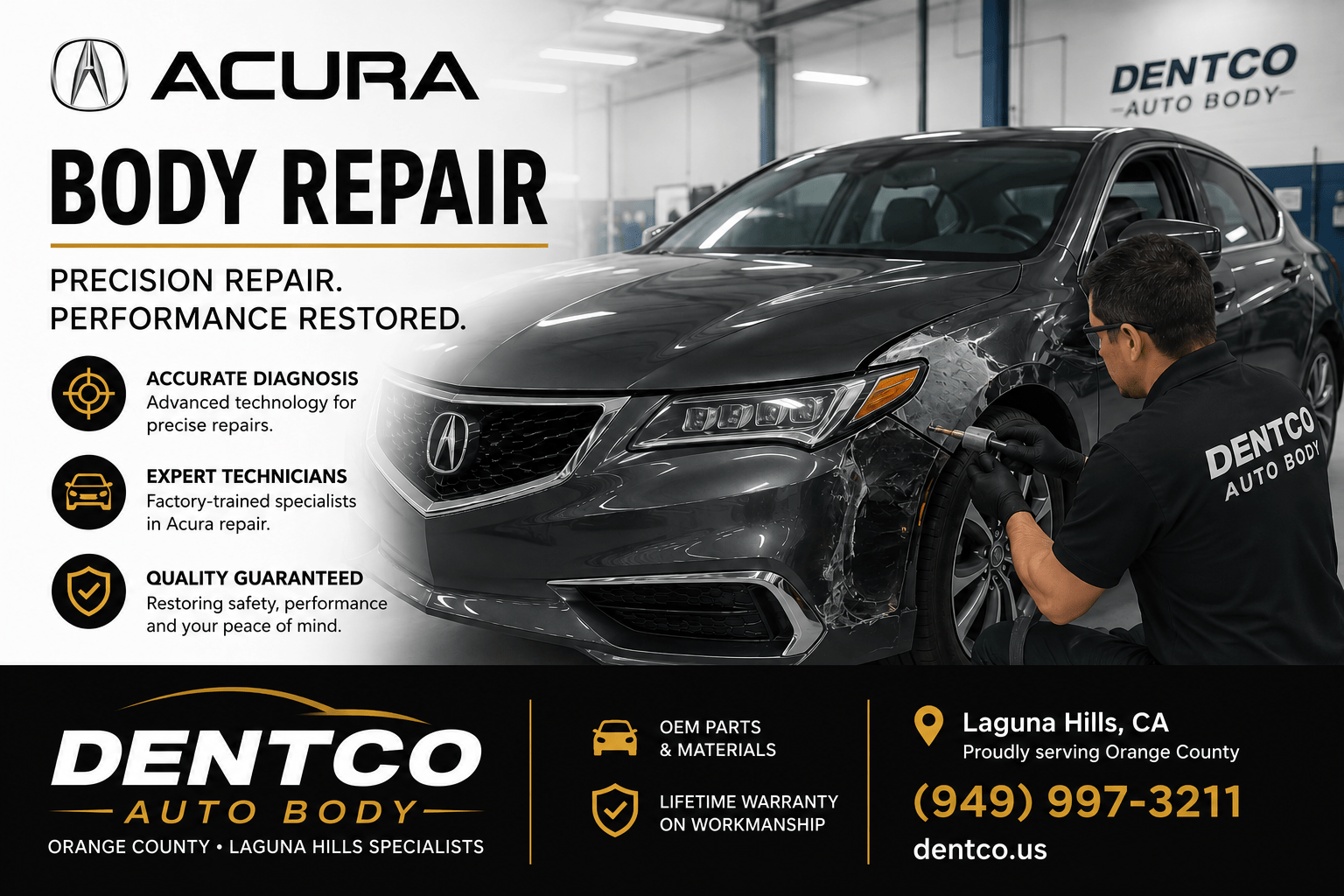Acura body repair at Dentco Auto Body Orange County Laguna Hills specialists