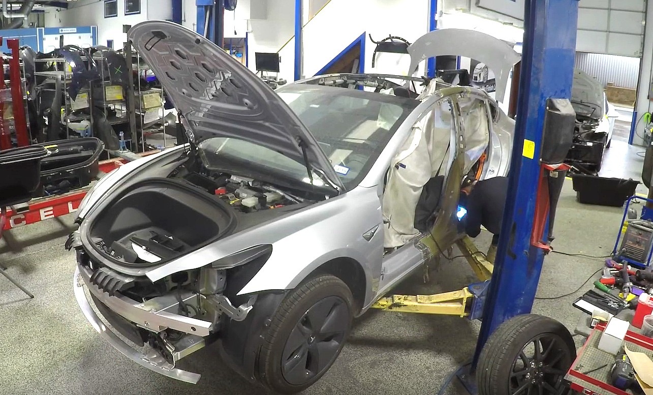 Tesla body repair in progress at Dentco Orange County auto body shop