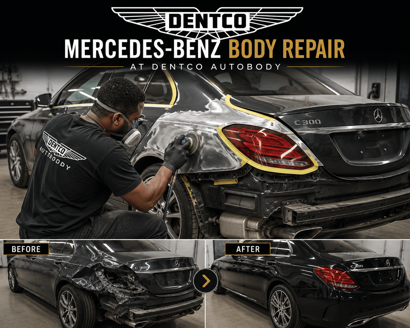 Technician repairing Mercedes C-Class panel