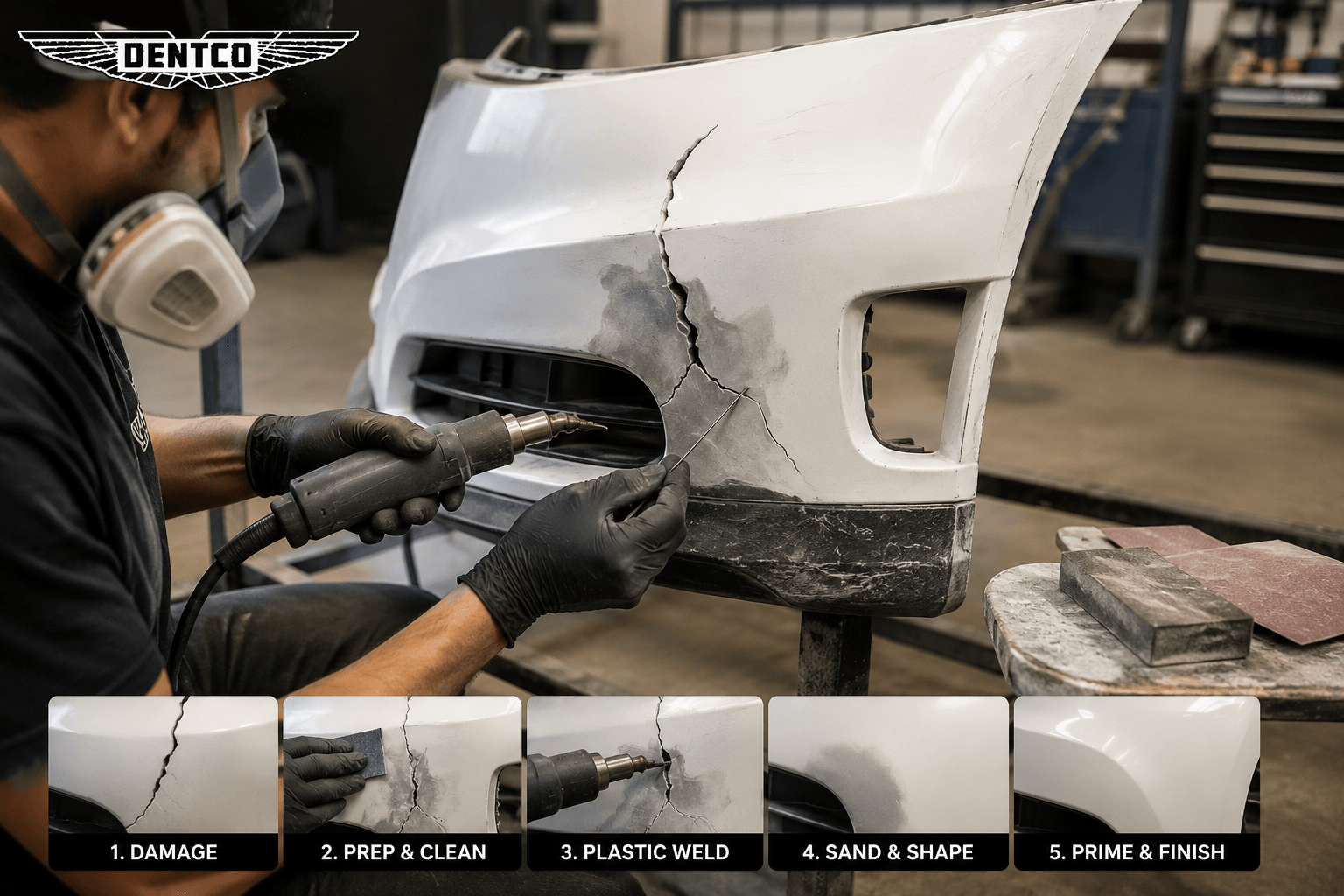 Technician repairing a cracked bumper cover