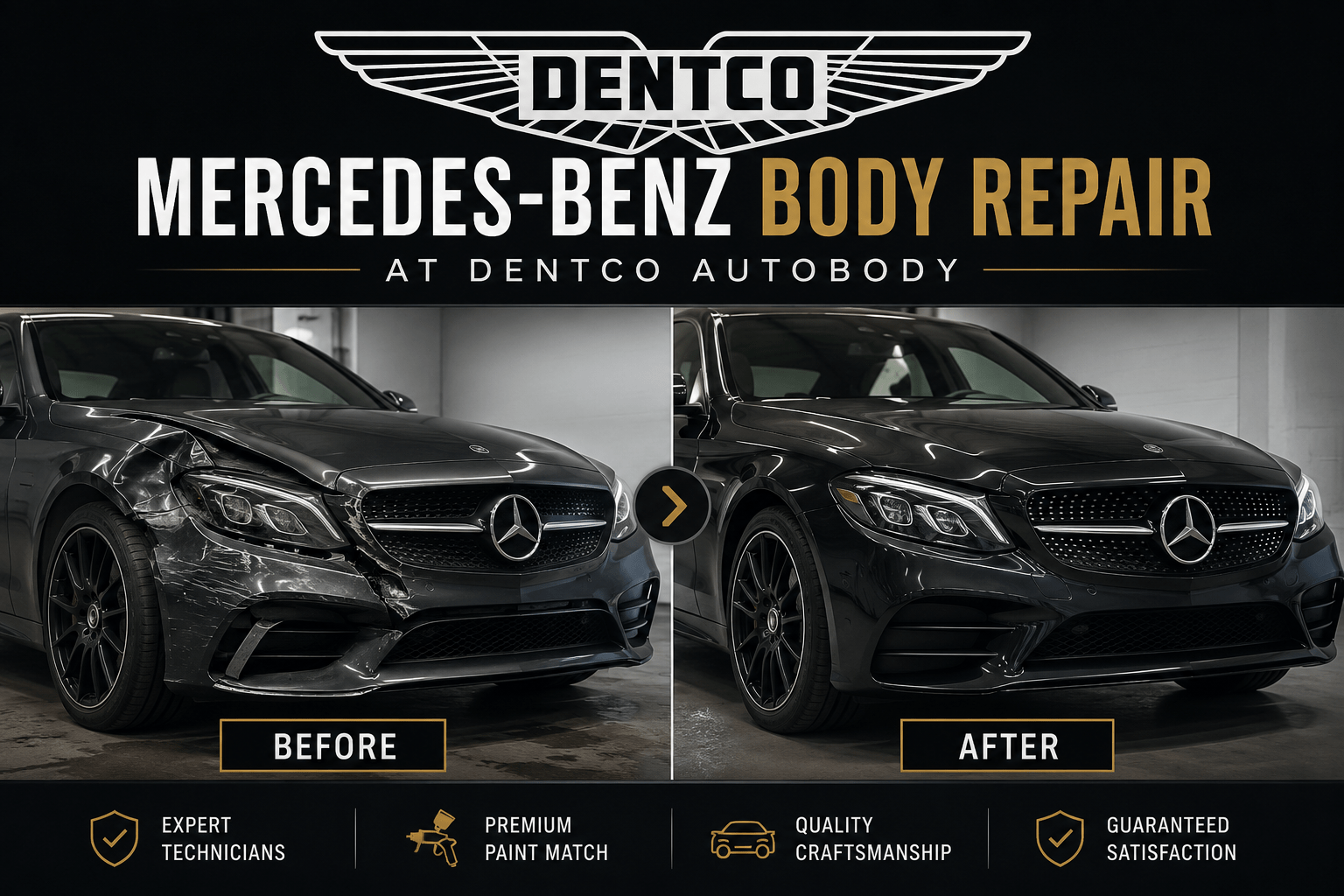 Before and after Mercedes body repair at DentCo