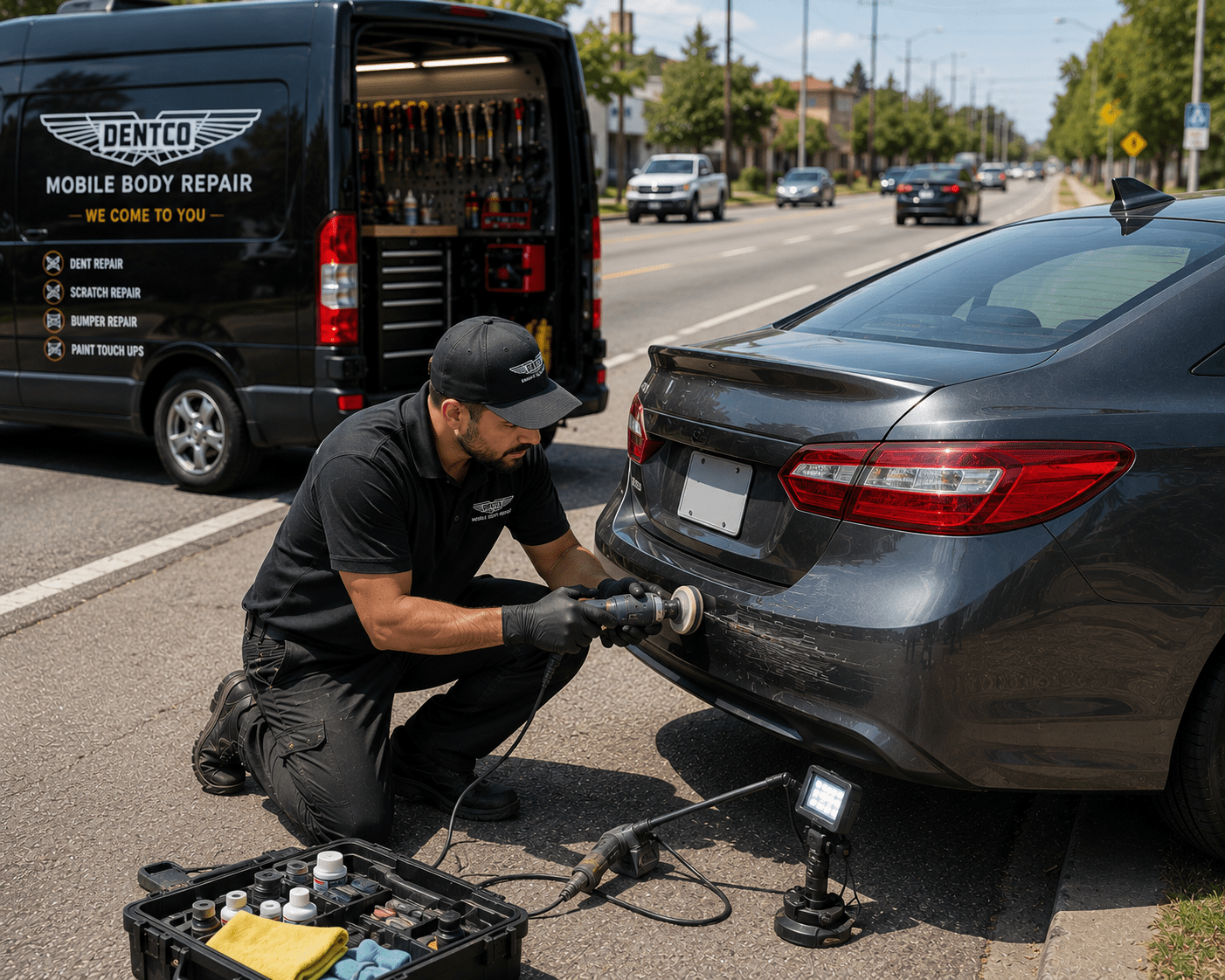 Mobile technician repairing bumper scrape on-site