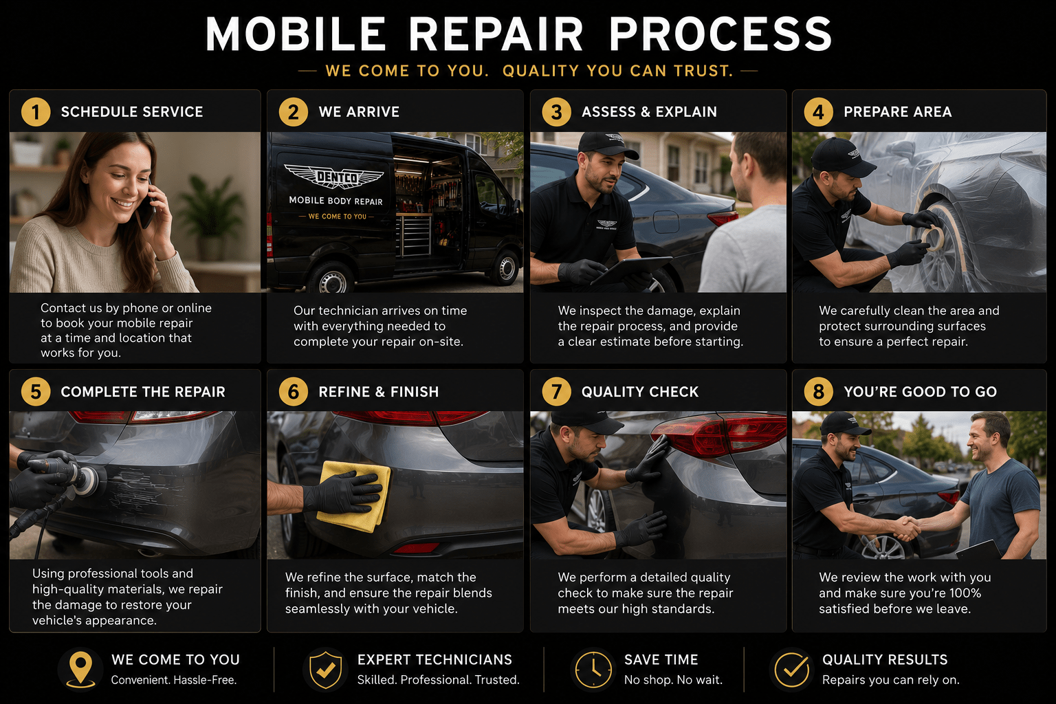 Technician reviewing completed mobile bumper repair with customer